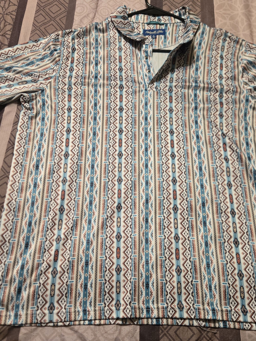 XL Panhandle Slim Teal, Brown & White Southwestern Polo Shirt